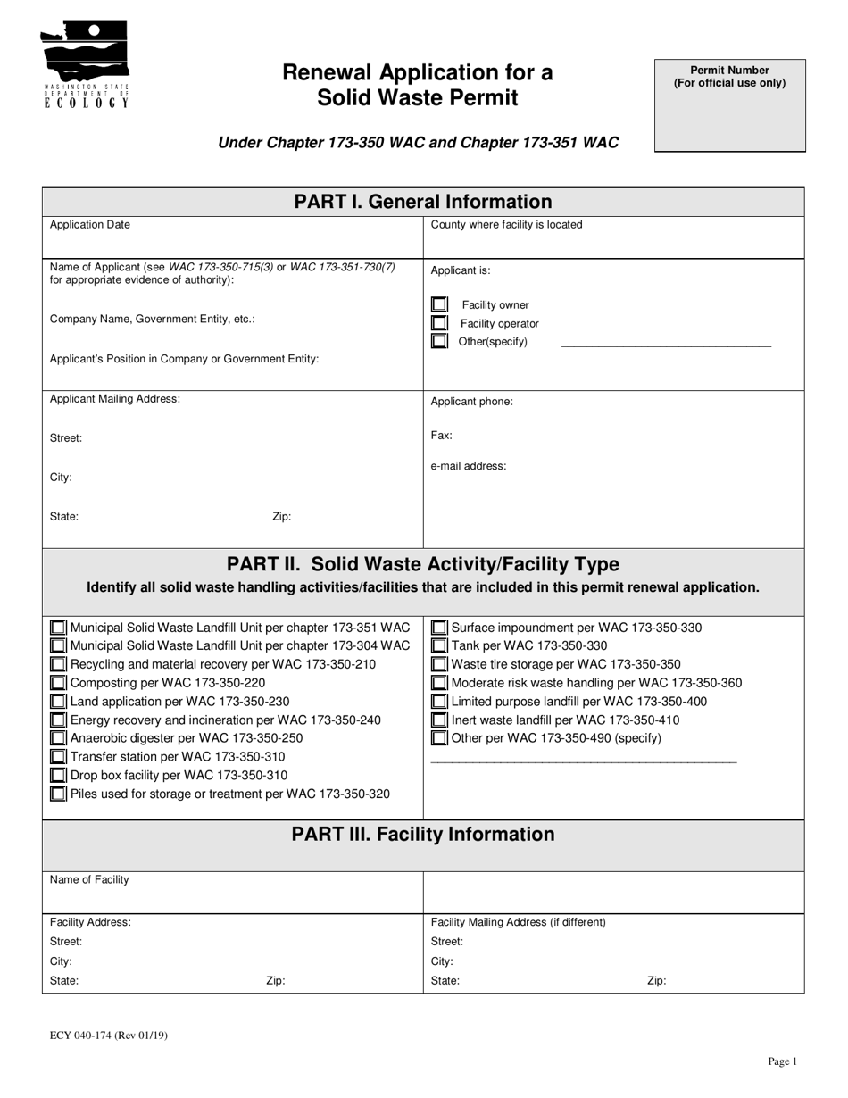 Form ECY040-174 Renewal Application for a Solid Waste Permit - Washington, Page 1