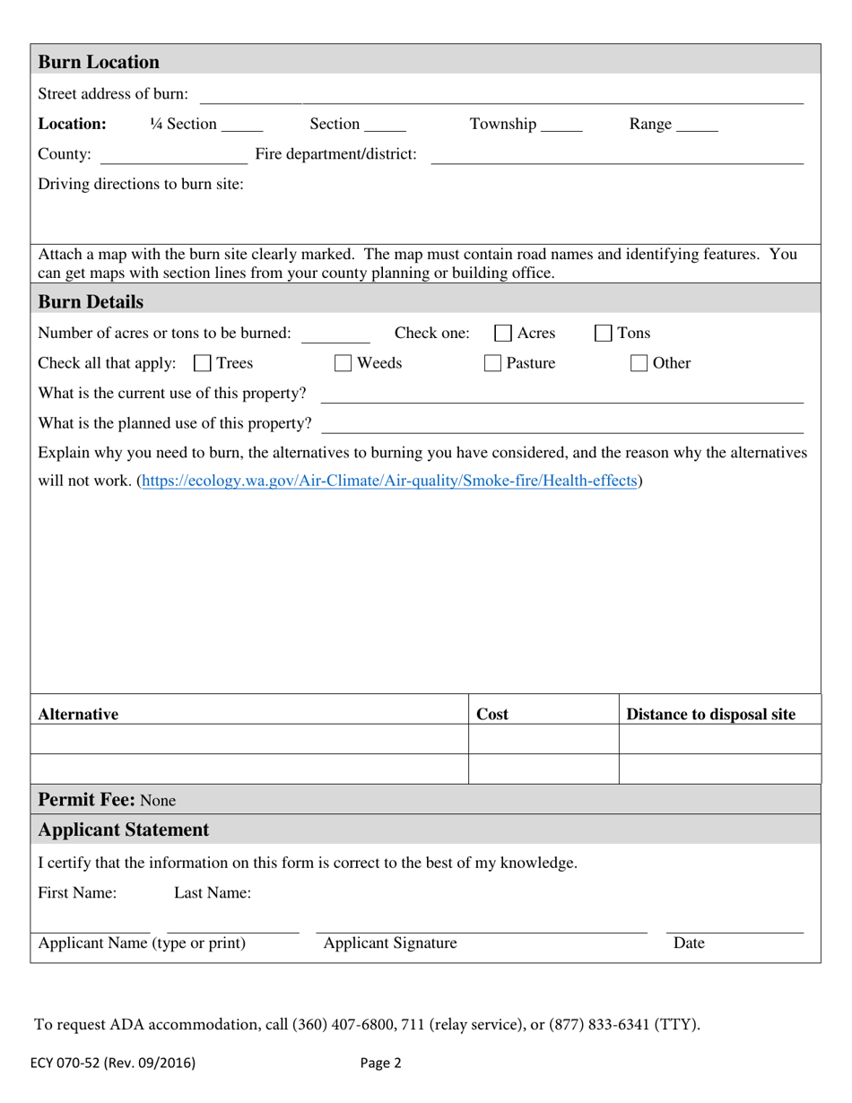 Form ECY070-52 Burn Permit Application: Special - Washington, Page 2
