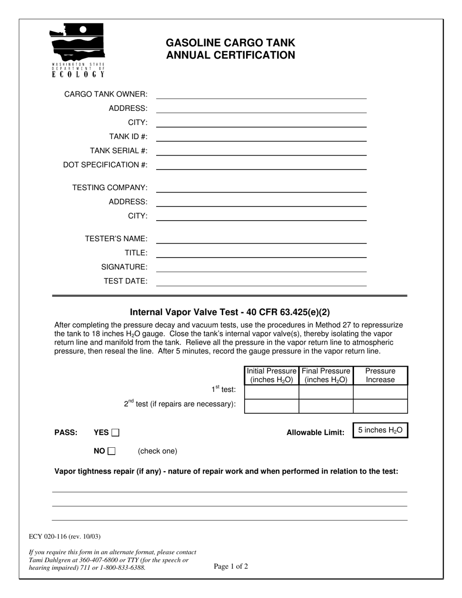 Form ECY020-116 Gasoline Cargo Tank Annual Certification - Washington, Page 1