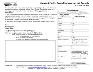Document preview: Form ECY070-398 Compost Facility Annual Summary of Lab Analysis - Washington