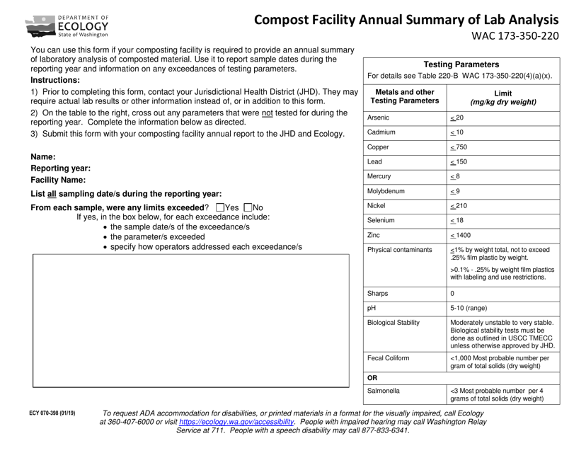 Form ECY070-398 Compost Facility Annual Summary of Lab Analysis - Washington