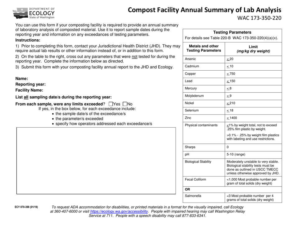 Form ECY070-398 Compost Facility Annual Summary of Lab Analysis - Washington, Page 1