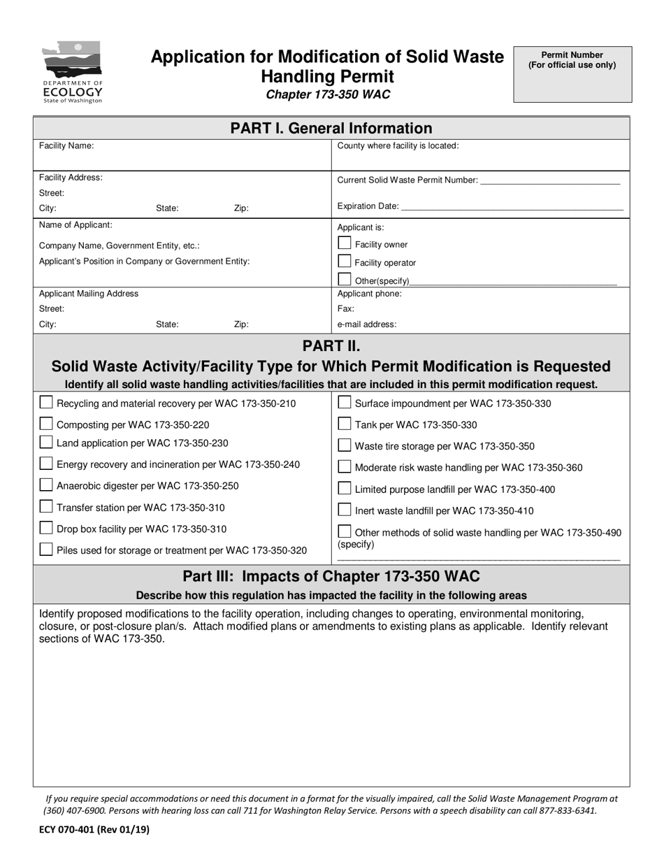 Form ECY070-401 Application for Modification of Solid Waste Handling Permit - Washington, Page 1