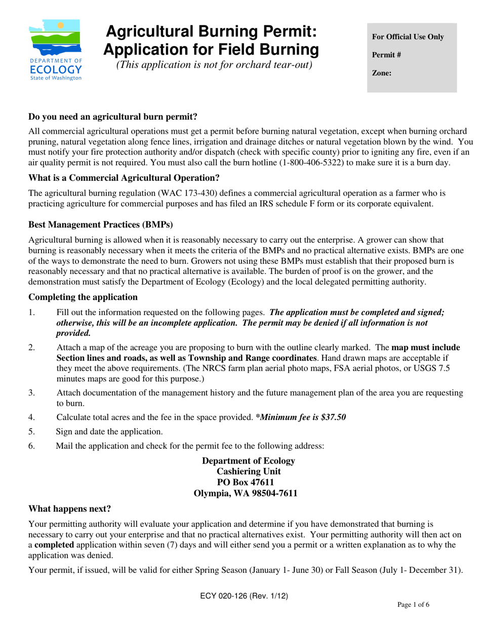 Form ECY020126 Download Fillable PDF or Fill Online Agricultural Burn