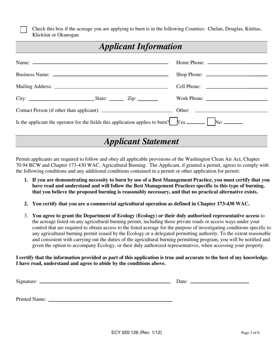 Form ECY020-126 Agricultural Burn Permit Application for Field Burning - Washington, Page 3