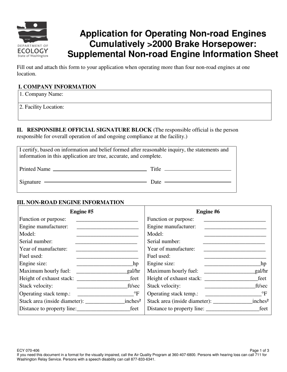 Form ECY070-406 Application for Operating Non-road Engines Cumulatively 2000 Brake Horsepower: Supplemental Non-road Engine Information Sheet - Washington, Page 1