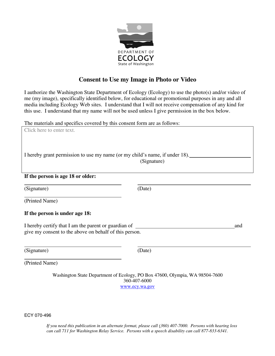 Form ECY070-496 Consent to Use My Image in Photo or Video - Washington, Page 1