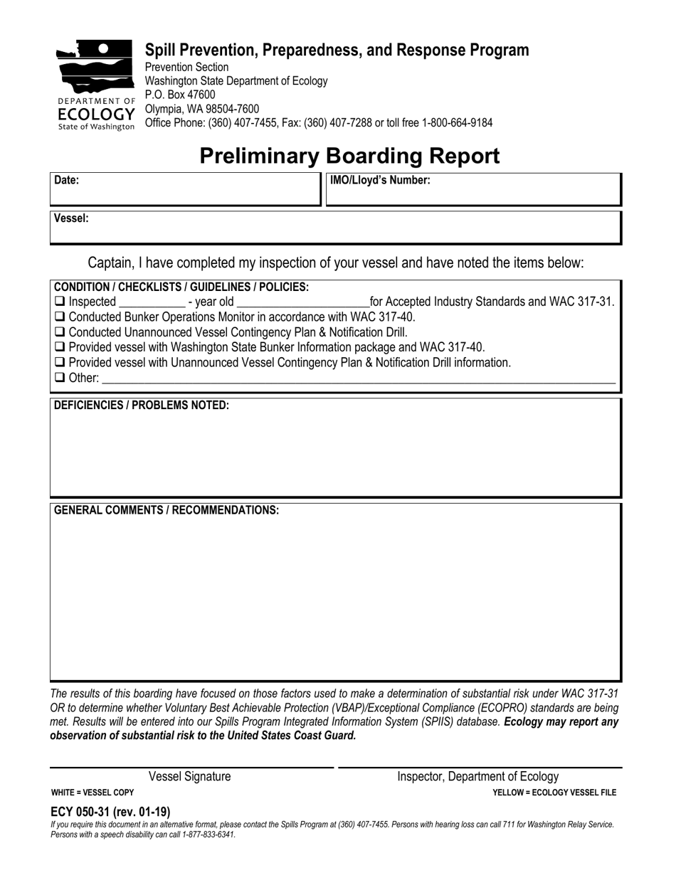 Form ECY050-31 Preliminary Boarding Report - Washington, Page 1