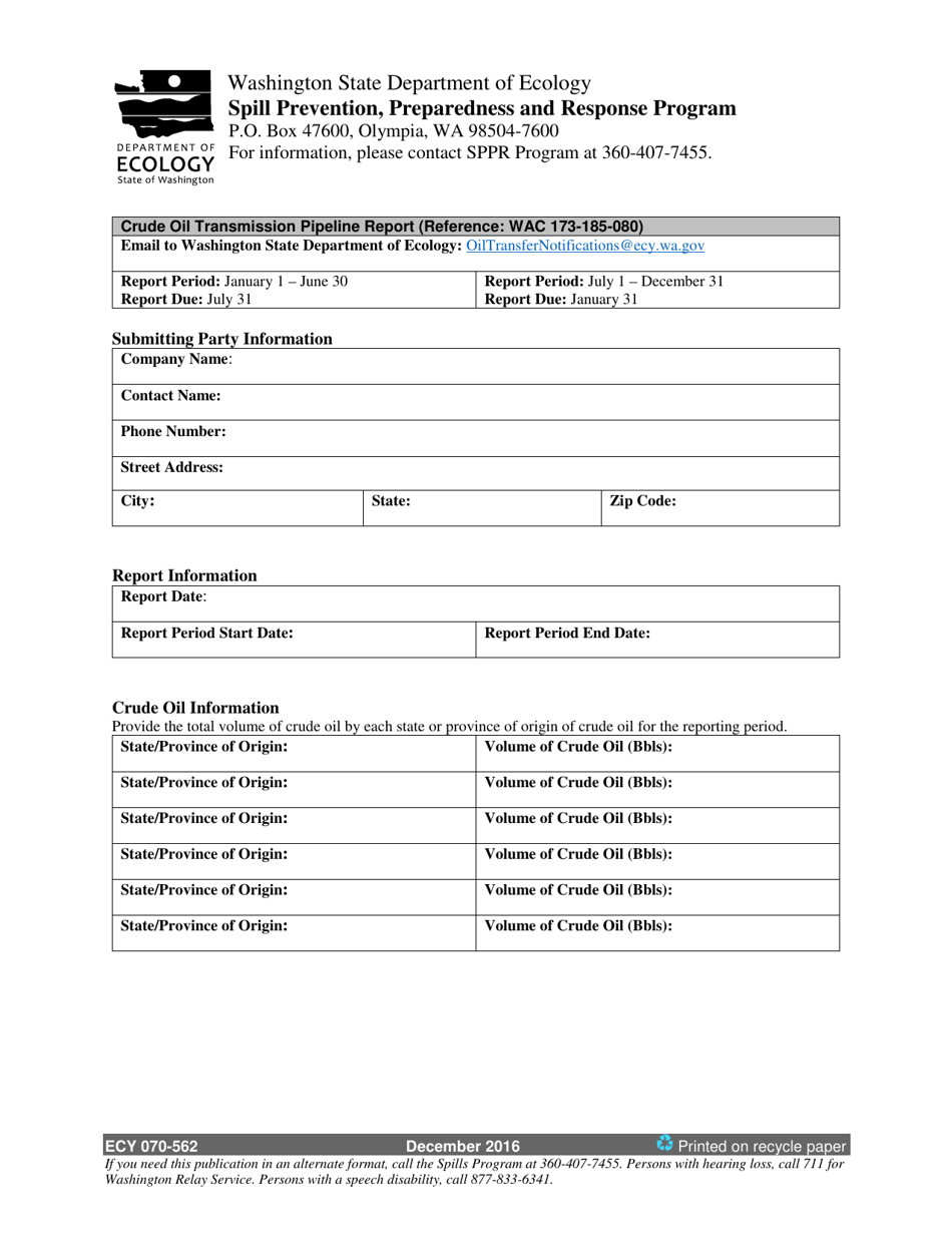 Form ECY070-562 Crude Oil Transmission Pipeline Report Form - Washington, Page 1