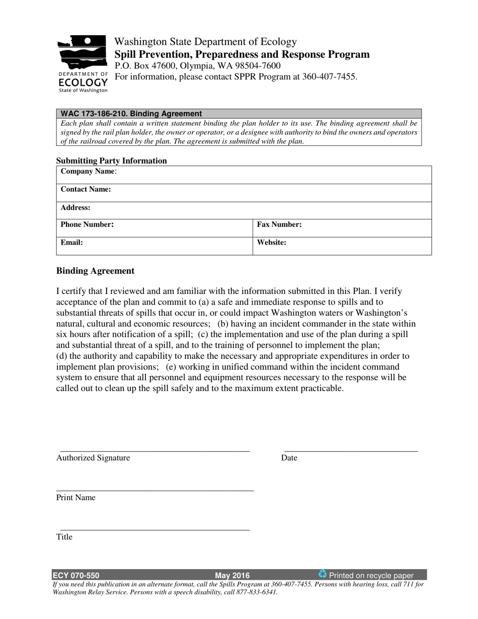 Form ECY070-550 Wac 173-186-210 Binding Agreement - Washington, Page 1