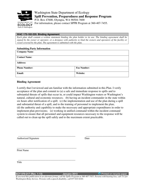 Form ECY070-217 Wac 173-182-220 Binding Agreement - Washington