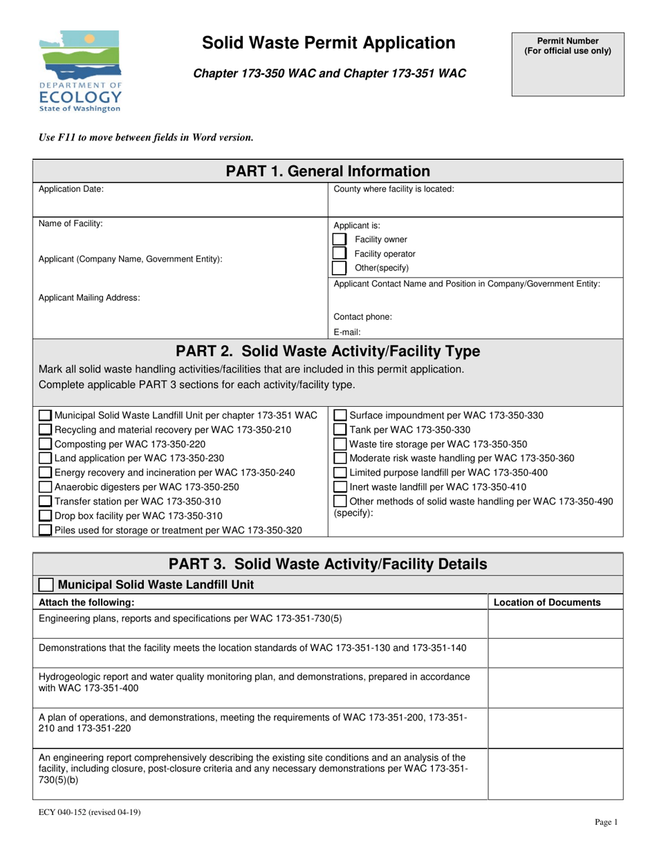 Form ECY040152 Fill Out, Sign Online and Download Fillable PDF
