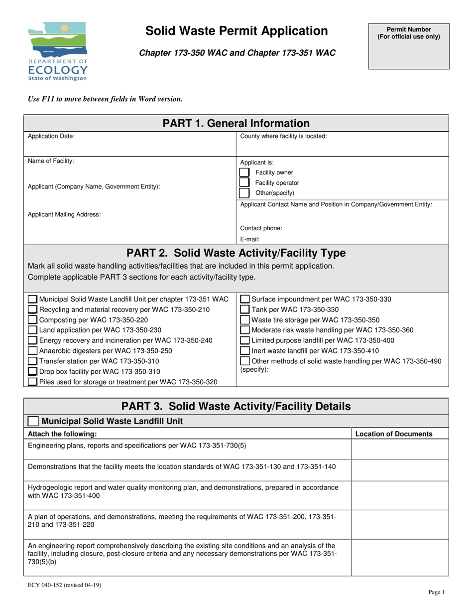 Form ECY040-152 Solid Waste Permit Application - Washington, Page 1