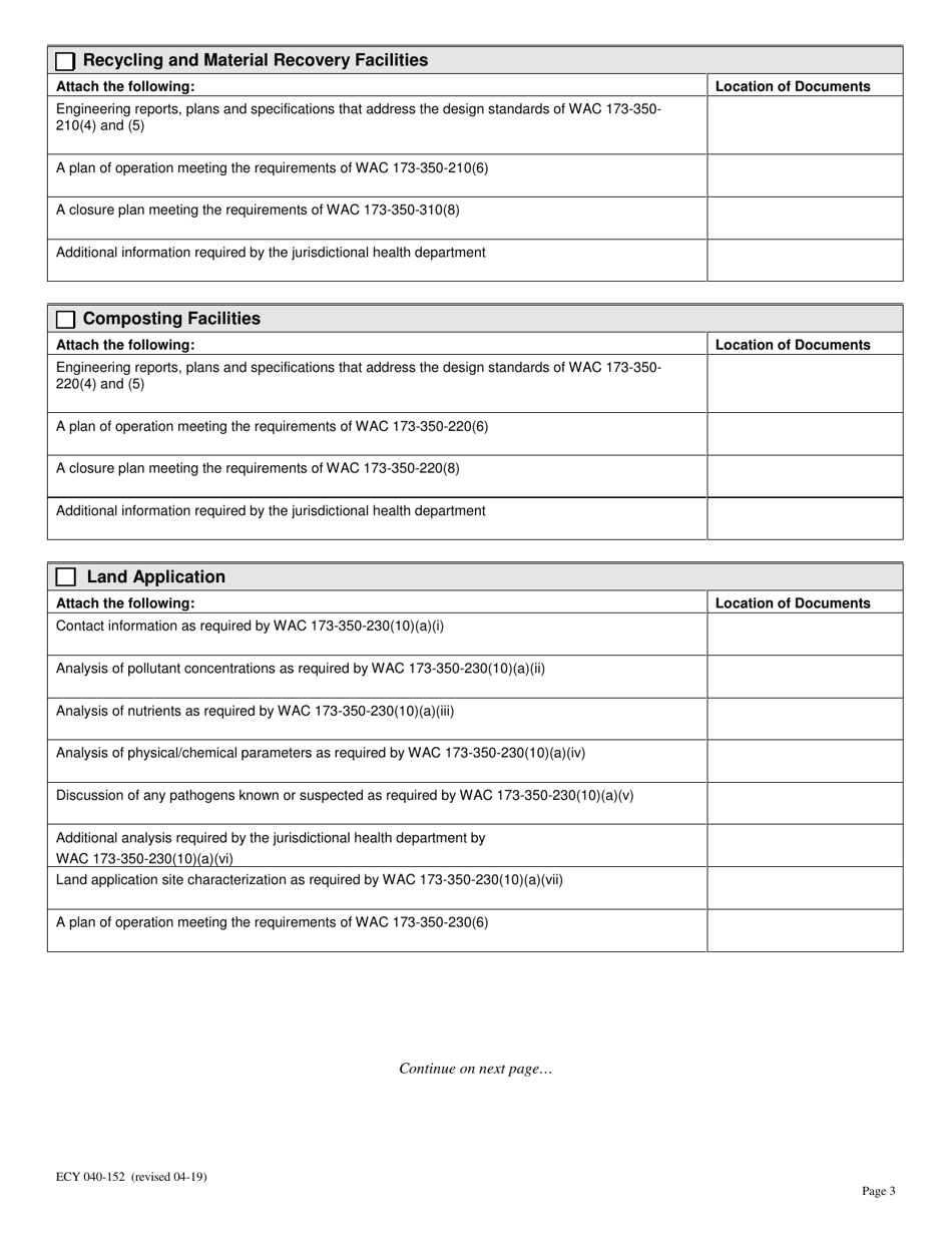 Form ECY040-152 Solid Waste Permit Application - Washington, Page 3