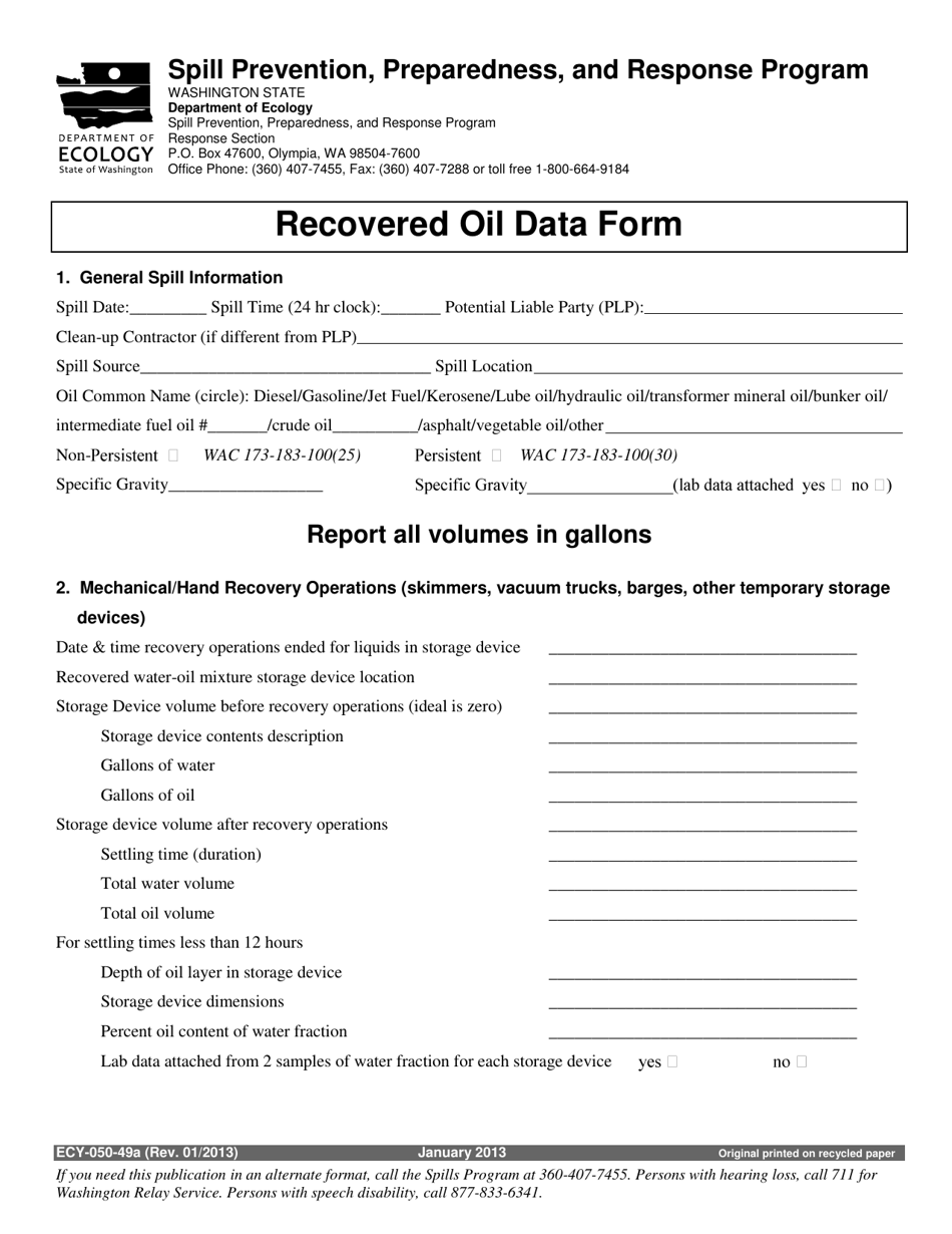Form ECY050-49A Recovered Oil Data Form - Washington, Page 1