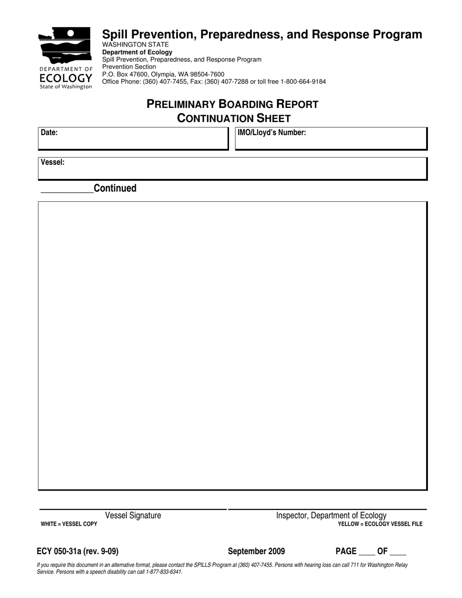 Form ECY050-31A Preliminary Boarding Report Continuation Sheet - Washington, Page 1