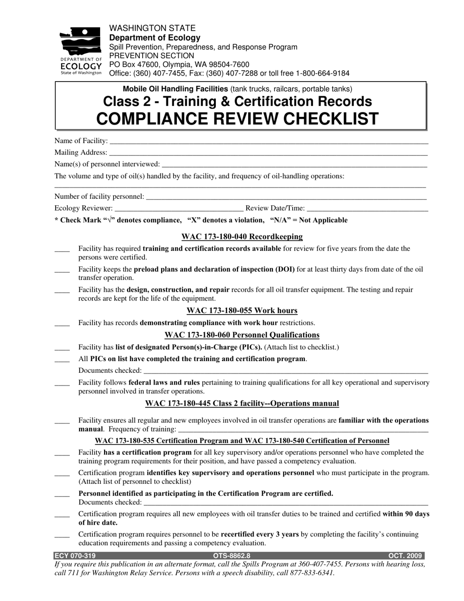 Form ECY070-319 Class 2 - Training and Certification Records - Compliance Review Checklist - Washington, Page 1