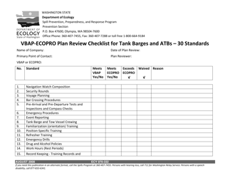 Document preview: Form ECY070-332 Vbap-Ecopro Plan Review Checklist for Tank Barges & Atbs - 30 Standards - Washington