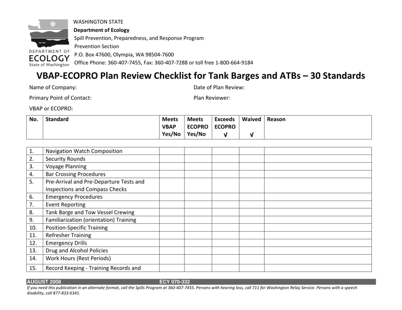 Form ECY070-332 Vbap-Ecopro Plan Review Checklist for Tank Barges & Atbs - 30 Standards - Washington