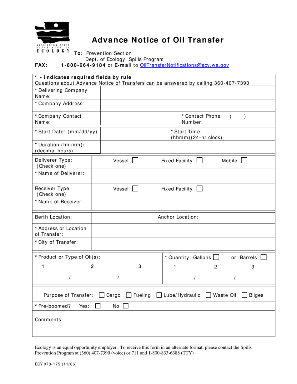 Form ECY070-175 Advance Notice of Oil Transfer - Washington, Page 1