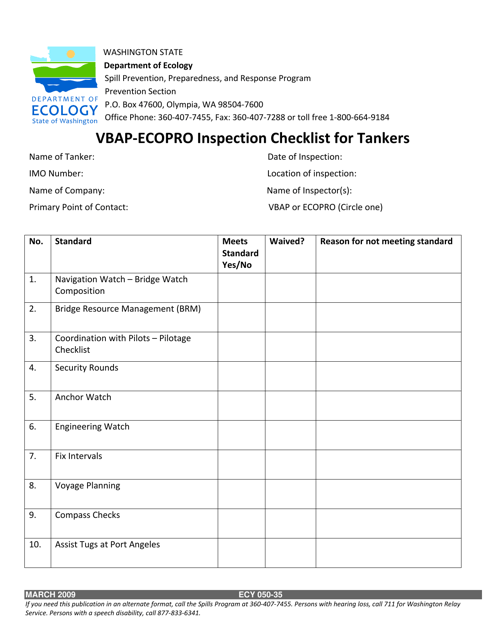 Form ECY050-35 Vbap/Ecopro Inspection Checklist for Tankers - Washington