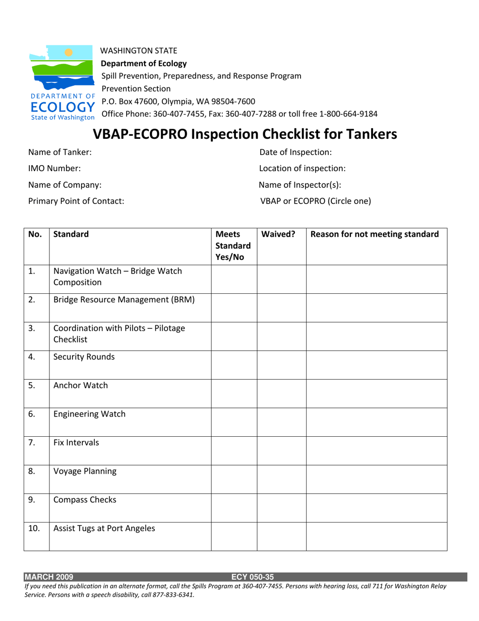 Form ECY050-35 Vbap / Ecopro Inspection Checklist for Tankers - Washington, Page 1