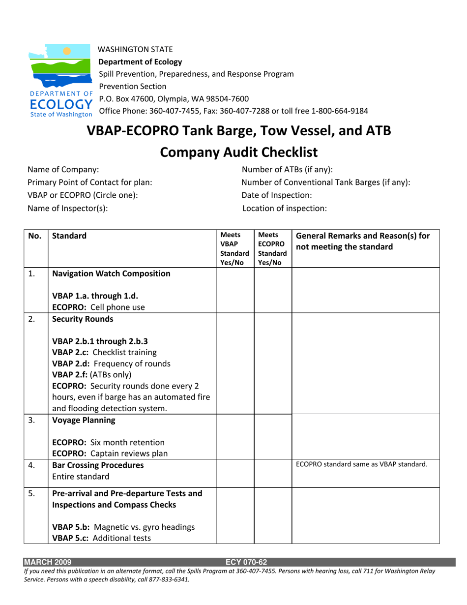 Form ECY070-62 Vbap-Ecopro Tank Barge, Tow Vessel, and Atb Company Audit Checklist - Washington, Page 1