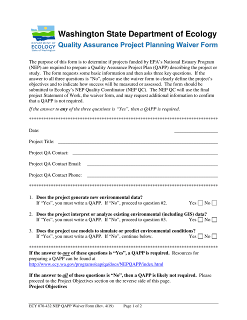 Form ECY070-432 Quality Assurance Project Planning Waiver Form - Washington