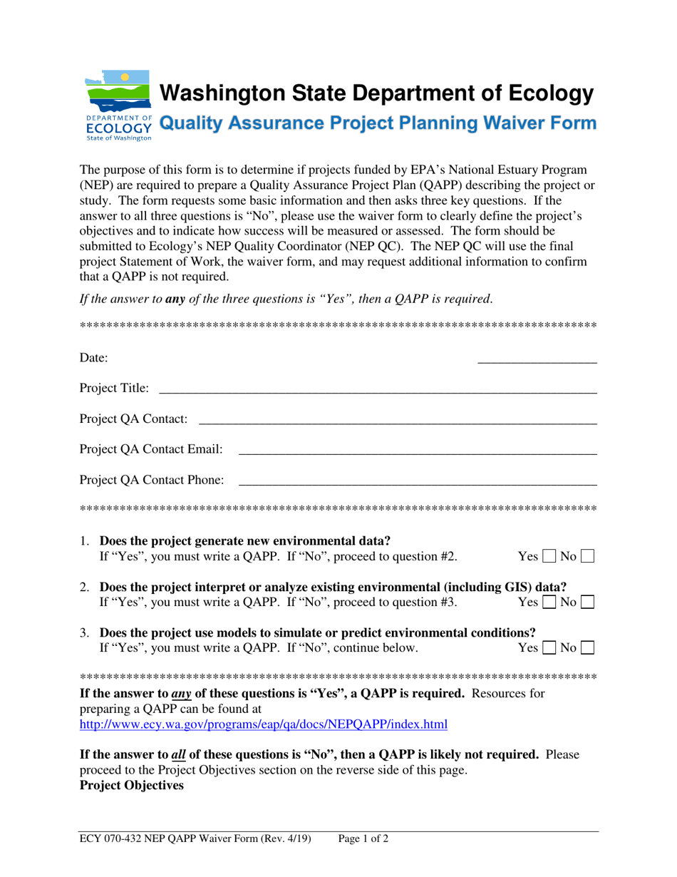 Form ECY070-432 Quality Assurance Project Planning Waiver Form - Washington, Page 1