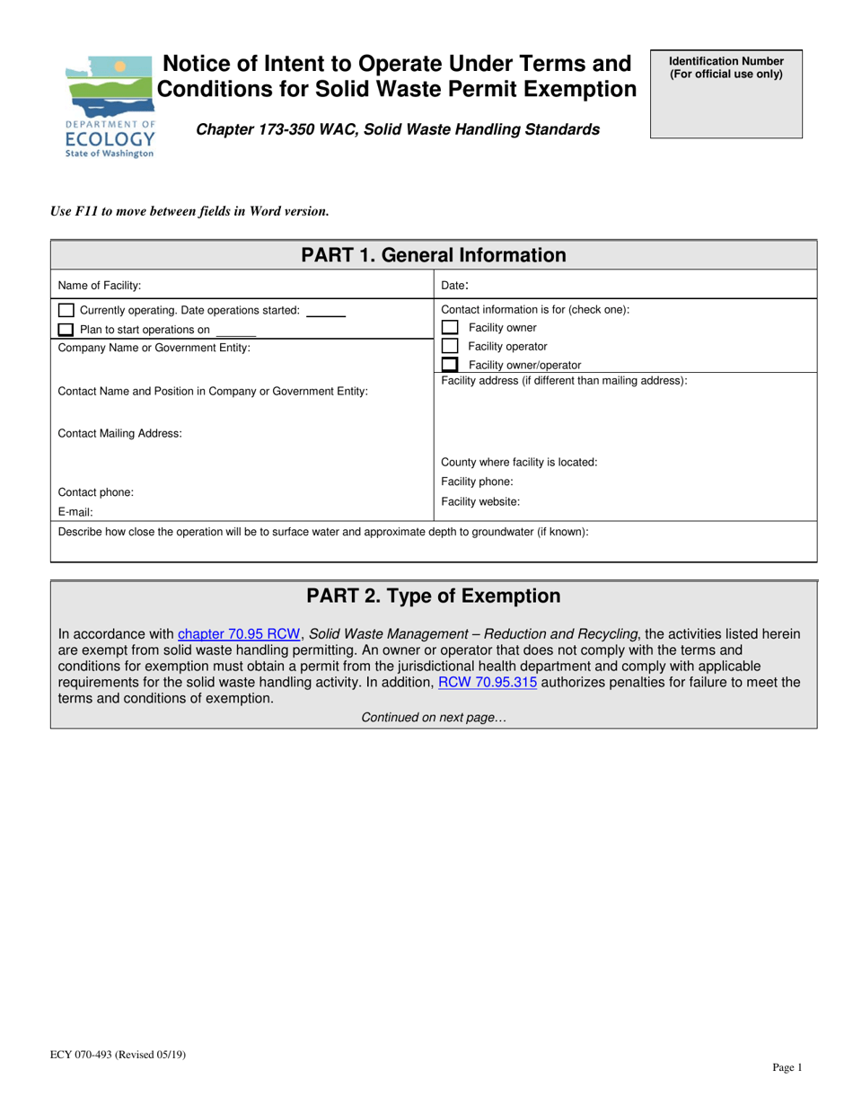 Form ECY070493 Download Fillable PDF or Fill Online Notice of Intent