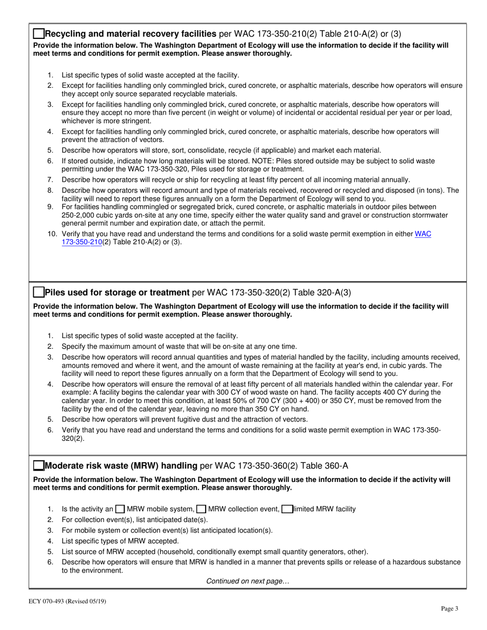 Form ECY070-493 Notice of Intent to Operate Under Terms and Conditions for Solid Waste Permit Exemption - Washington, Page 3