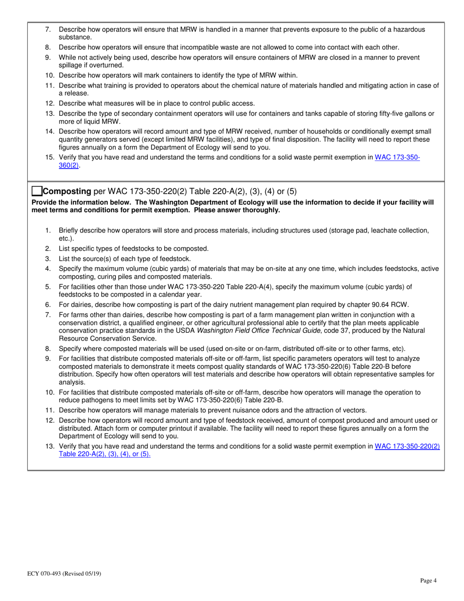 Form ECY070-493 Notice of Intent to Operate Under Terms and Conditions for Solid Waste Permit Exemption - Washington, Page 4