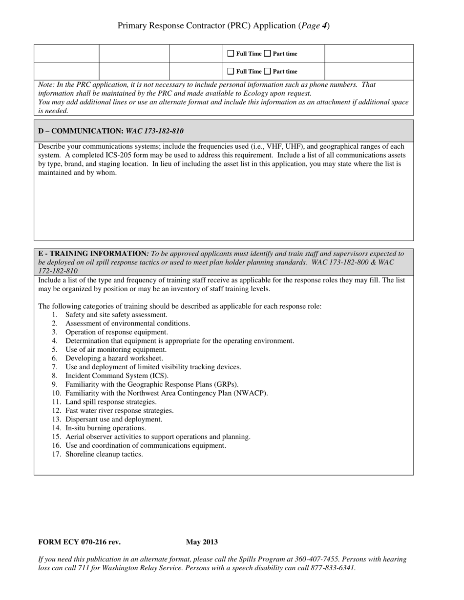 Form ECY070-216 Primary Response Contractors Application - Washington, Page 4