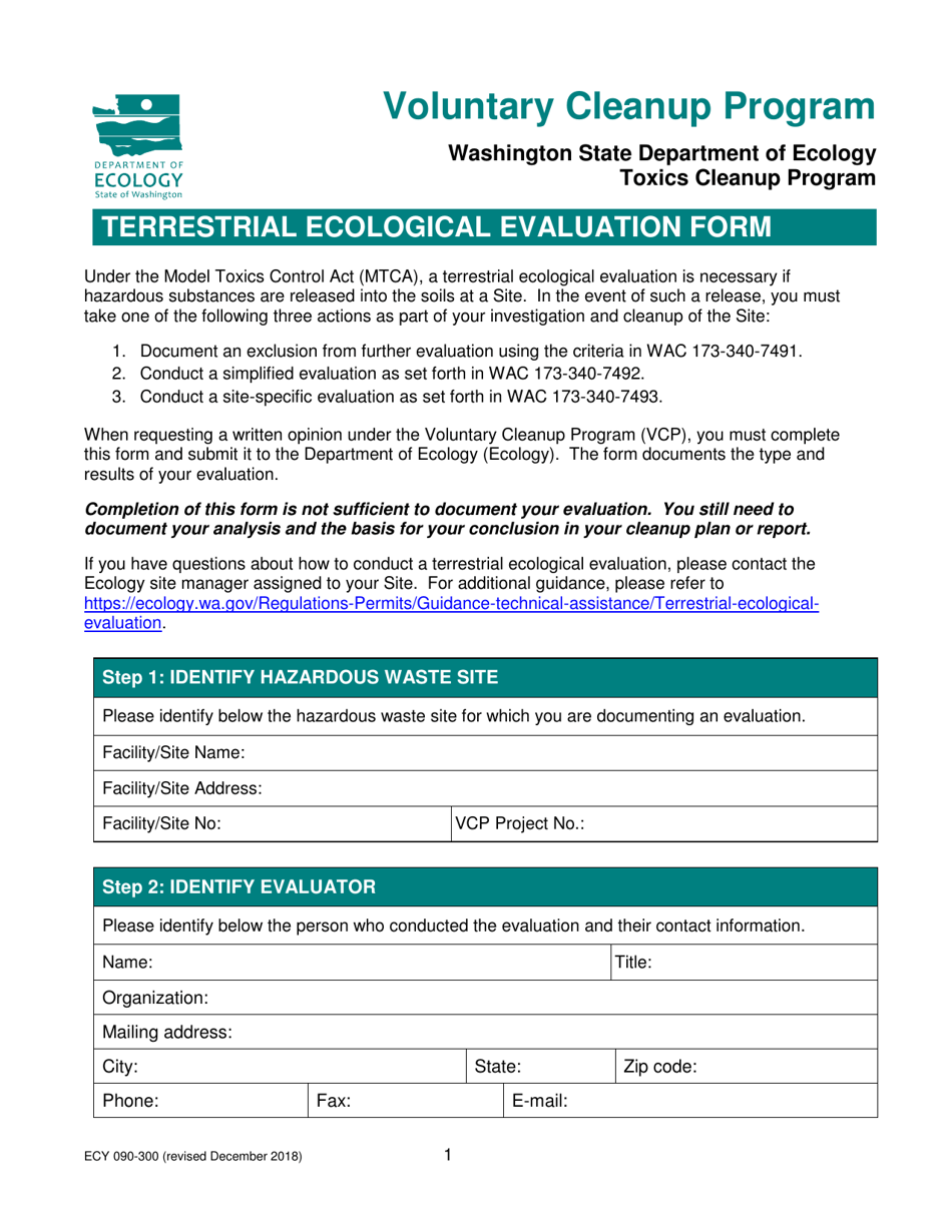 Form ECY090-300 Terrestrial Ecological Evaluation - Washington, Page 1