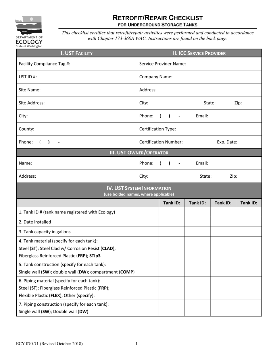 Form ECY070-71 Retrofit / Repair Checklist for Underground Storage Tank - Washington, Page 1