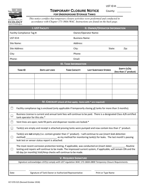 Form ECY070-525 Temporary Closure Notice for Underground Storage Tanks - Washington