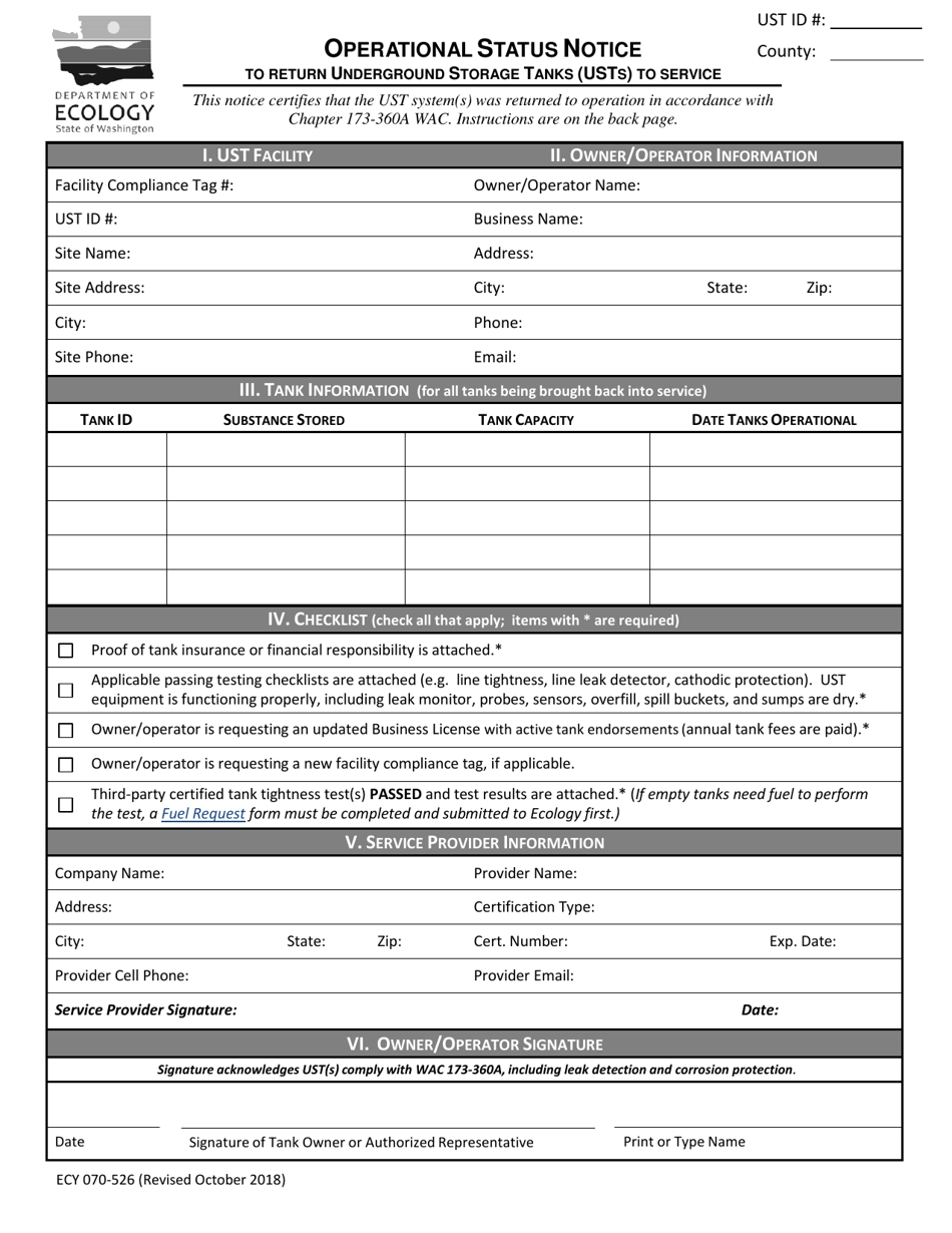 Form ECY070-526 Operational Status Notice to Return Underground Storage Tanks (Usts) to Service - Washington, Page 1