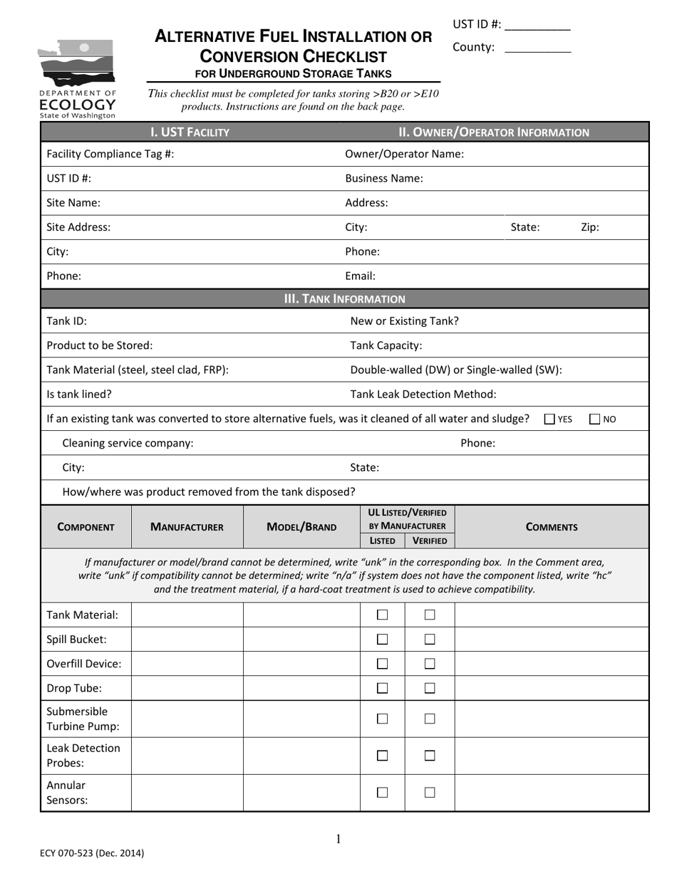 Form ECY070-523 Alternative Fuel Installation or Conversion Checklist - Washington, Page 1