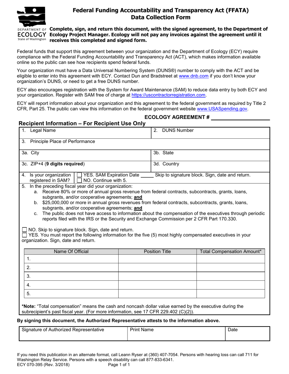 Form ECY070-395 Federal Funding Accountability and Transparency Act (Ffata) Data Collection Form - Washington, Page 1