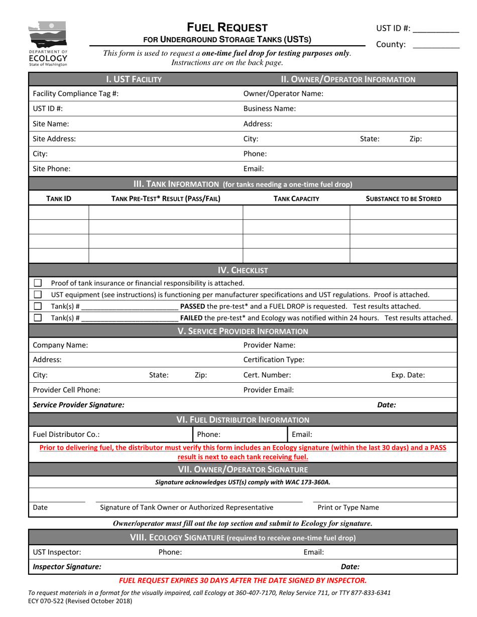 Form ECY070-522 Fuel Request for Underground Storage Tanks (Usts) - Washington, Page 1