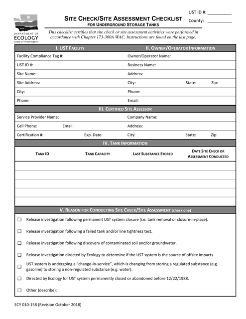 Form ECY010-158 Site Check/Site Assessment Checklist for Underground Storage Tank - Washington