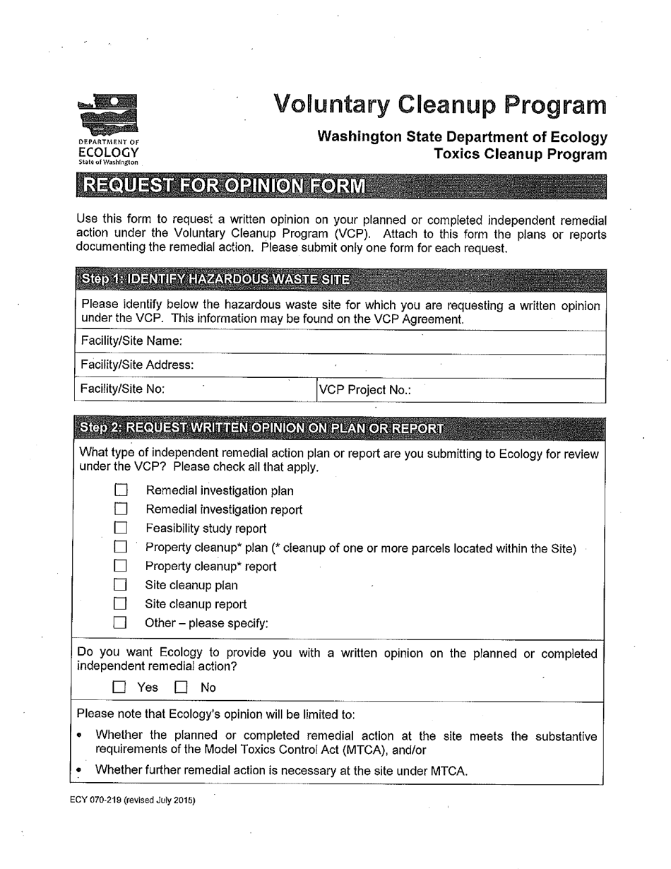 Form ECY070-219 Voluntary Cleanup Program Request for Opinion - Washington, Page 1