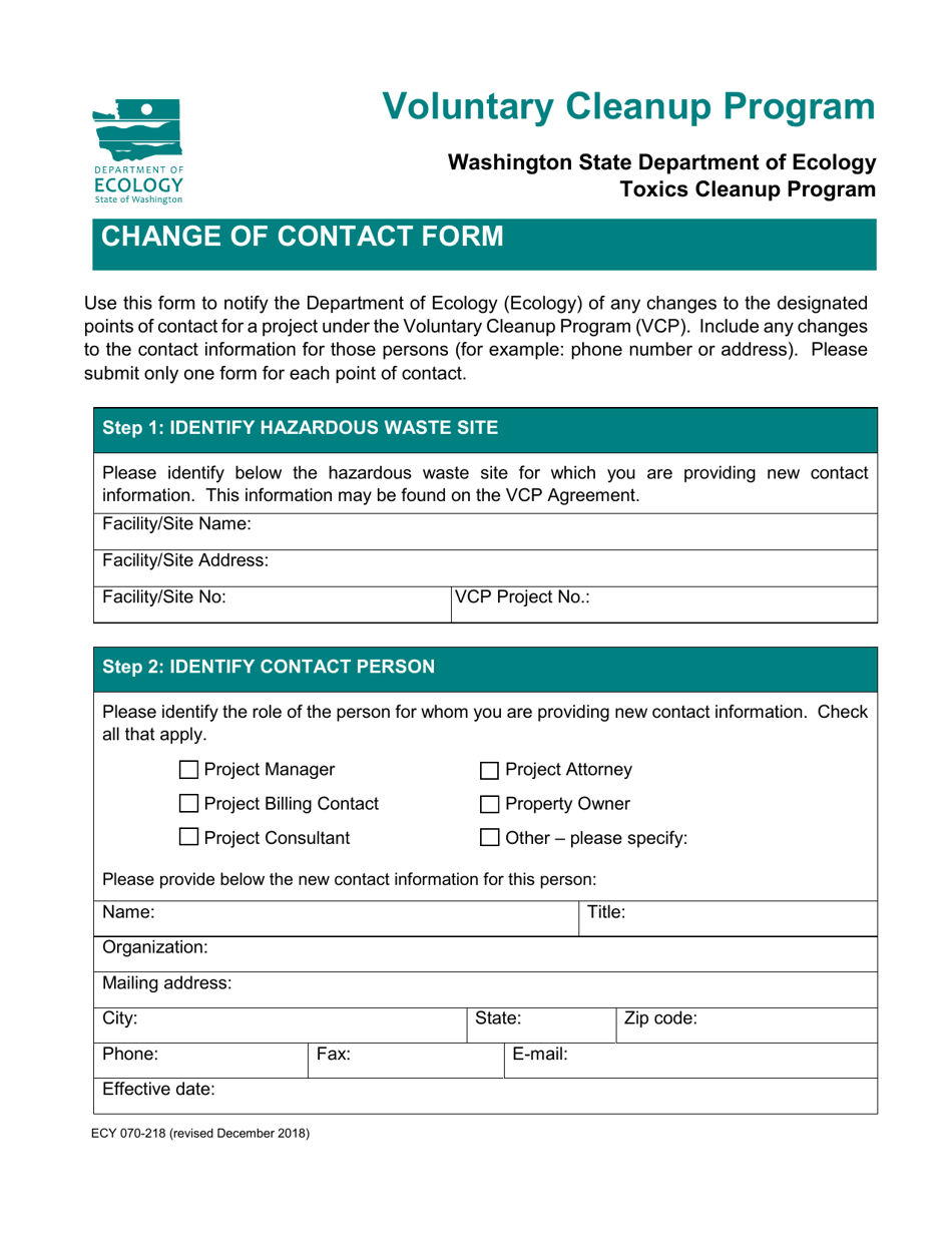 Form ECY070-218 Voluntary Cleanup Program Change of Contact Form - Washington, Page 1