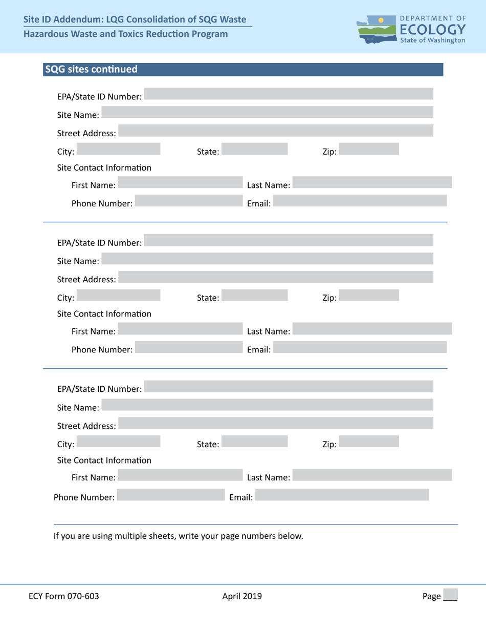 Form ECY070-603 Site Id Form Addendum: Large Quantity Generator Consolidation of Small Quantity Generator Waste - Washington, Page 2