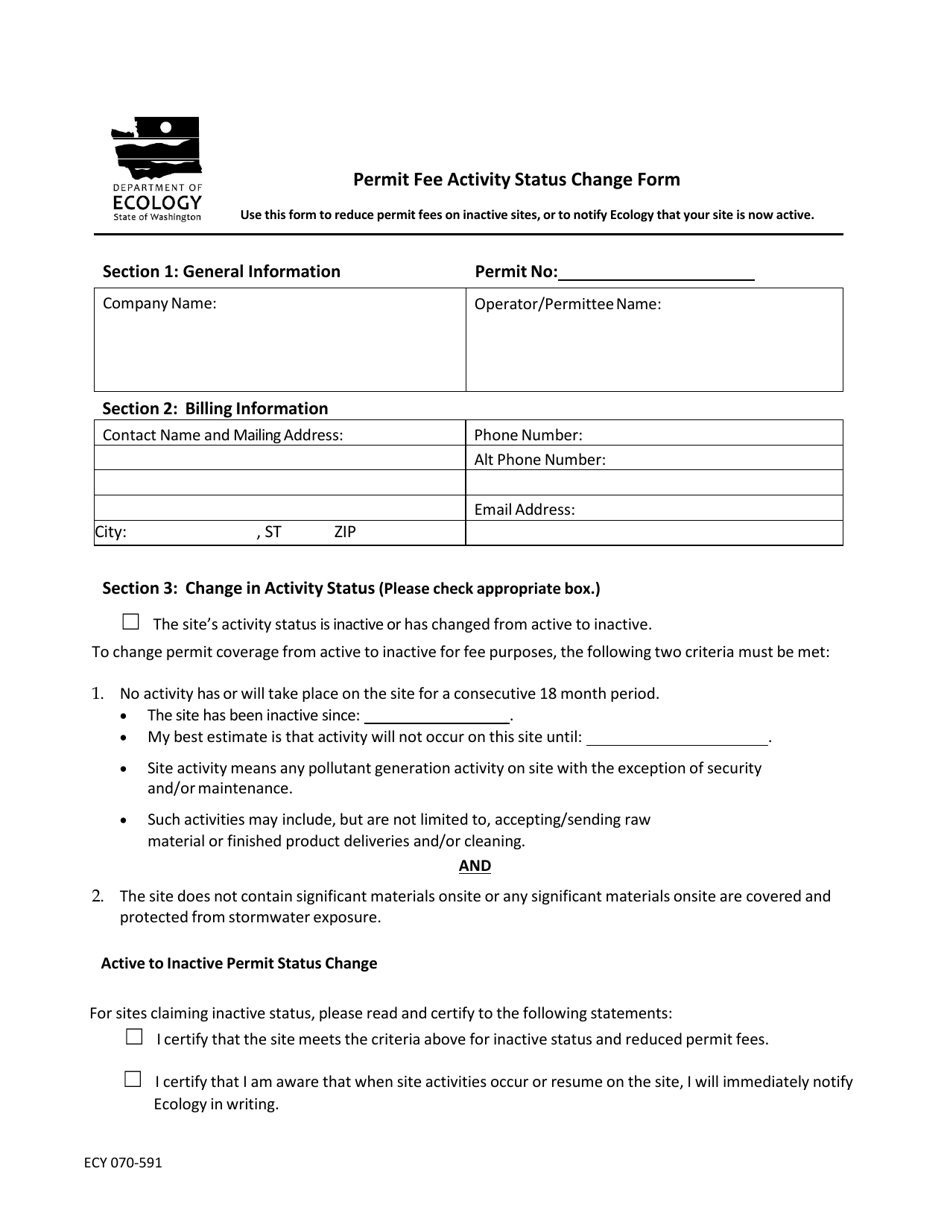 Form ECY070-591 Permit Fee Activity Status Change Form - Washington, Page 1