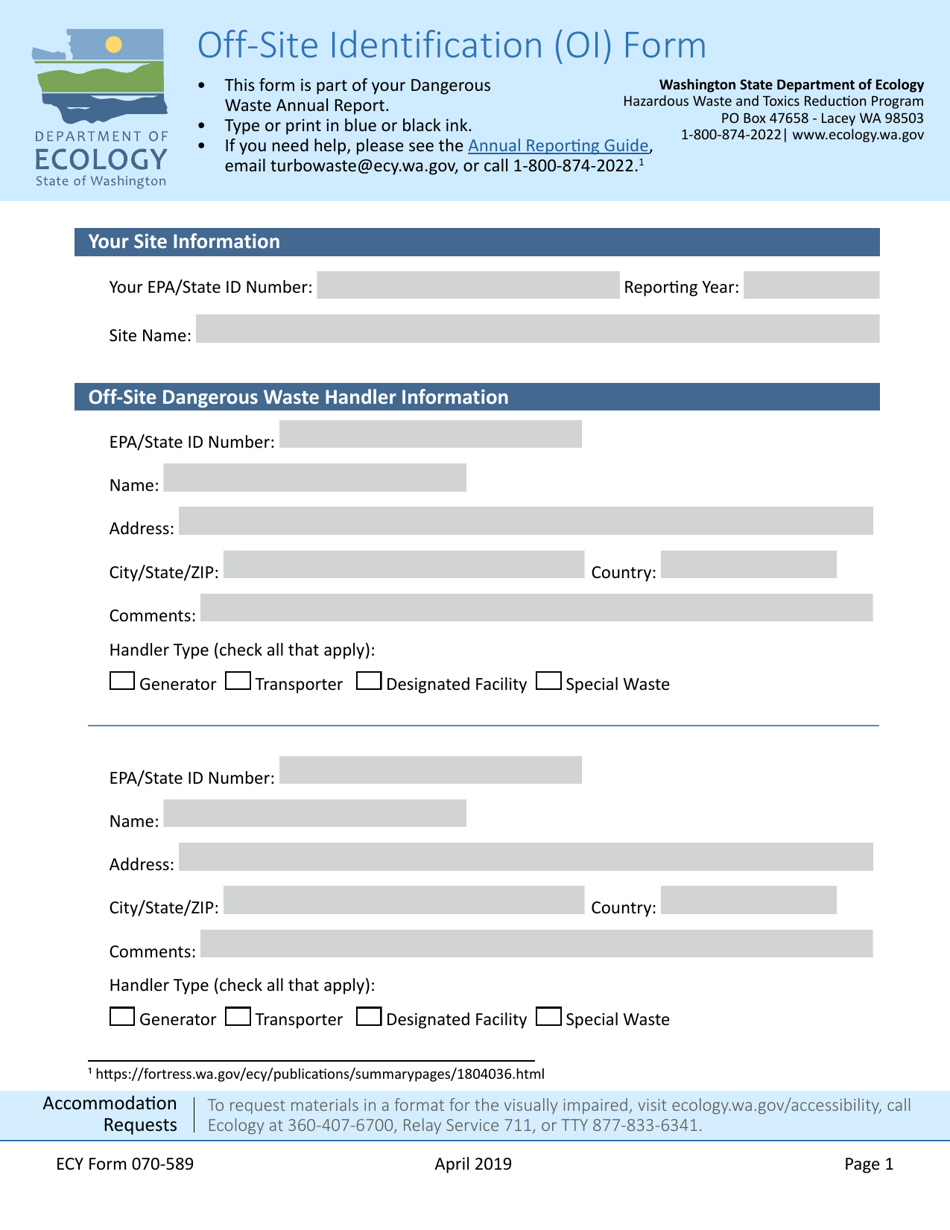 Form ECY070-589 Off-Site Identification (Oi) Form - Washington, Page 1