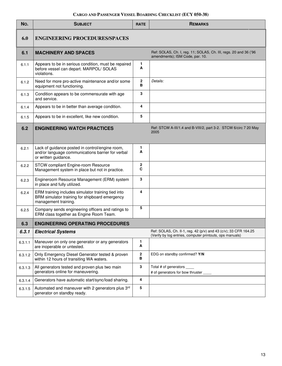 Form ECY050-38 Cargo and Passenger Vessel Boarding Checklist - Full Version - Washington, Page 13