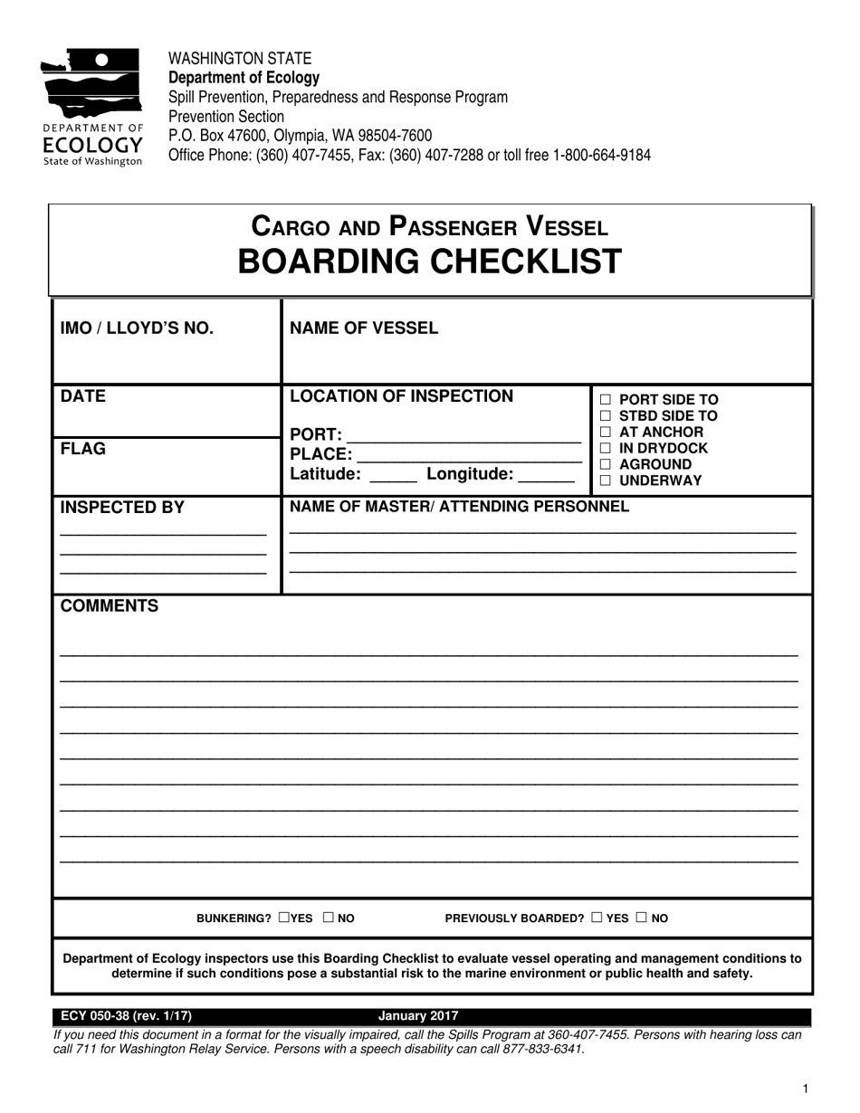 Form ECY050-38 Cargo and Passenger Vessel Boarding Checklist - Full Version - Washington, Page 1
