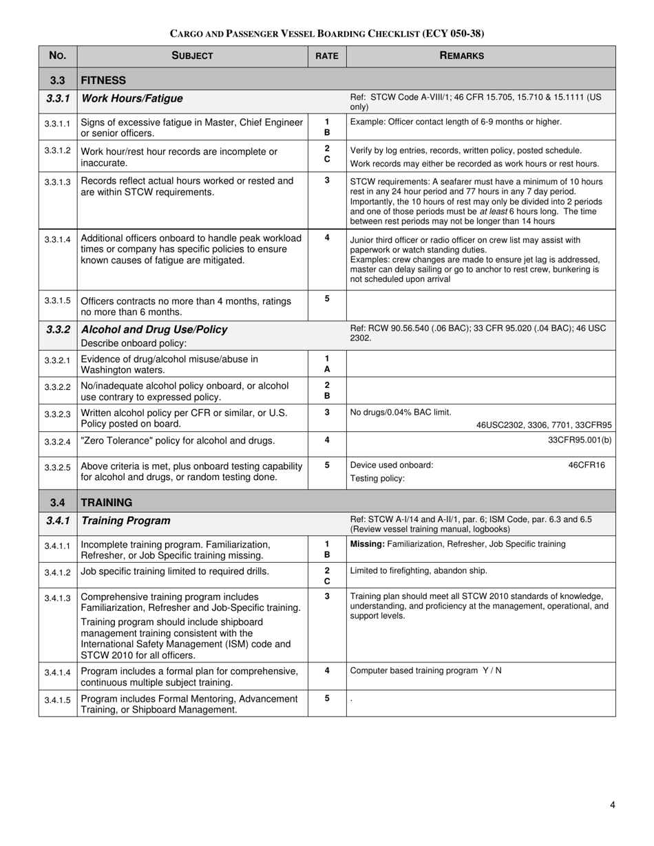 Form ECY050-38 Cargo and Passenger Vessel Boarding Checklist - Full Version - Washington, Page 4