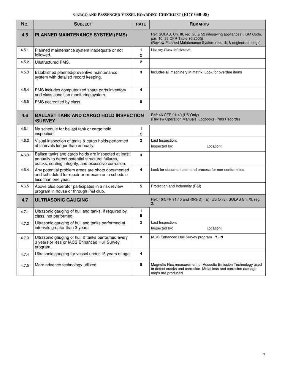 Form ECY050-38 Cargo and Passenger Vessel Boarding Checklist - Full Version - Washington, Page 7